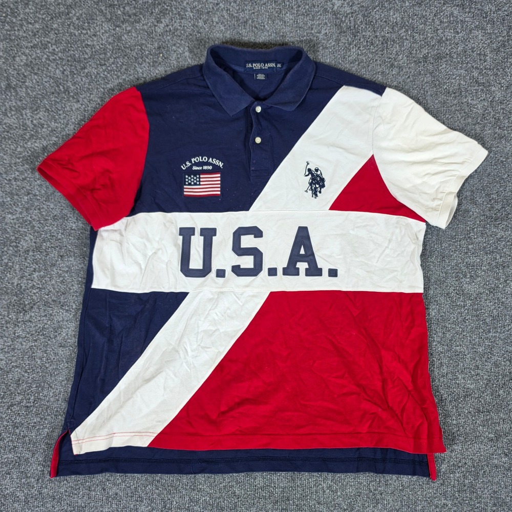 US Polo Assn Mens 2XL USA Flag Colorblock Polo Shirt Navy Red White Short Sleeve